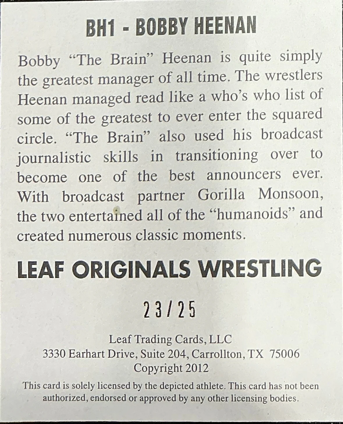 Consignment CM - Leaf Originals Bobby Heenan Signed 23/25 Trading Card - Image 2