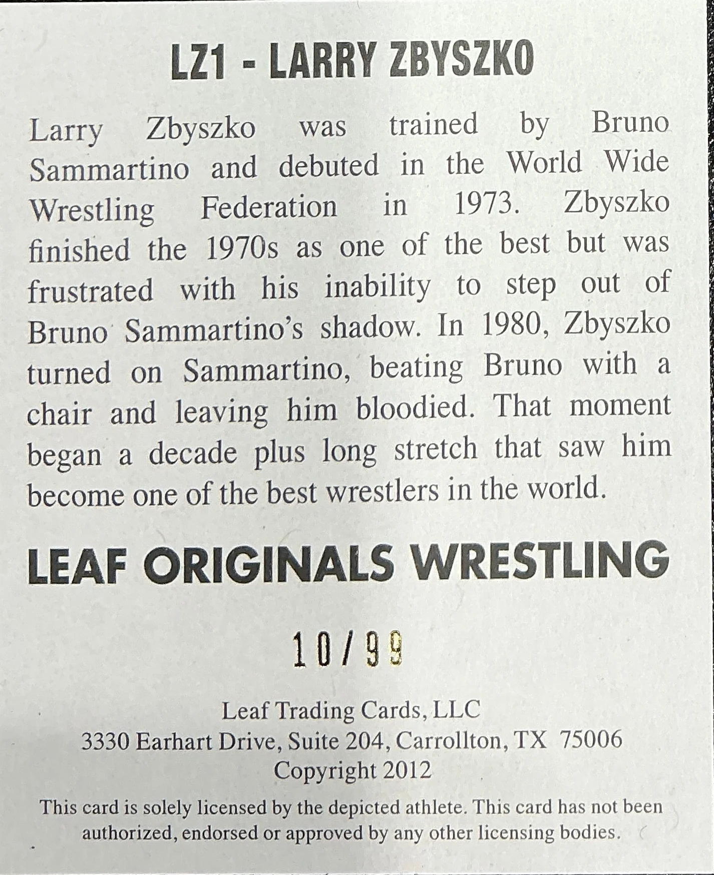 Consignment CM - Leaf Originals Larry Zbyszko Signed 10/99 Trading Card - Image 2