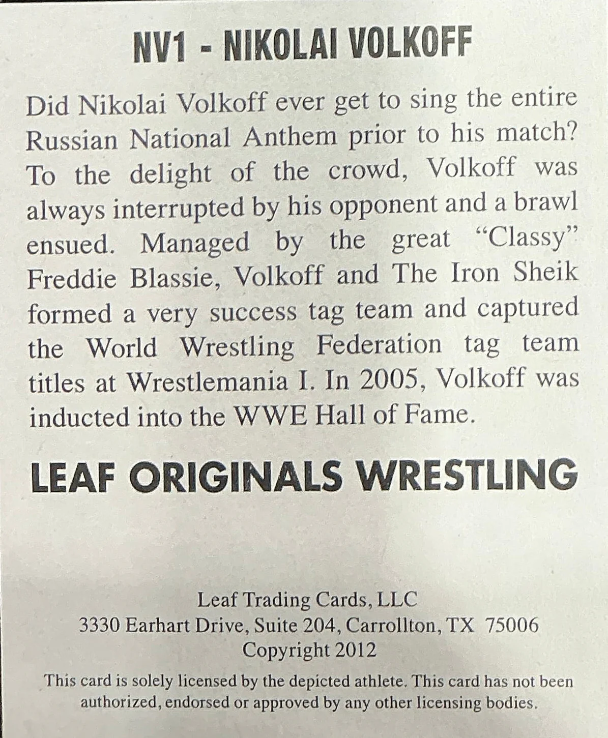 Consignment CM - Leaf Originals Nikolai Volkoff Signed Trading Card - Image 2