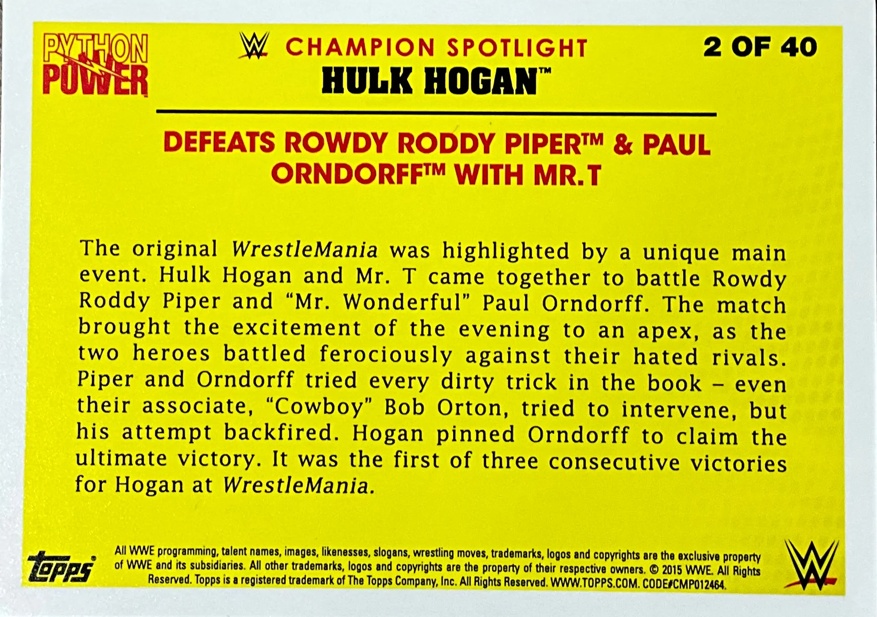 Topps Hulk Hogan Defeats Roddy Piper 2 of 40 Trading Card - Image 2